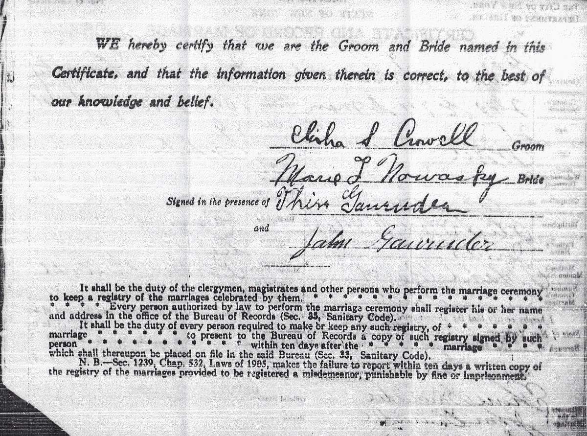 Marie Nowasky and Elisha Crowell Marriage Certificate