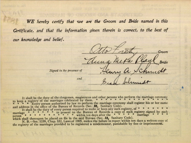 Marriage Certificate for Otto Fretz and Anna Plaul