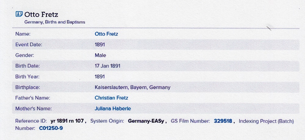 Birth Index Record for Otto Fretz