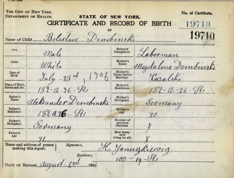 Boleslaw Dembinski Birth Certificate