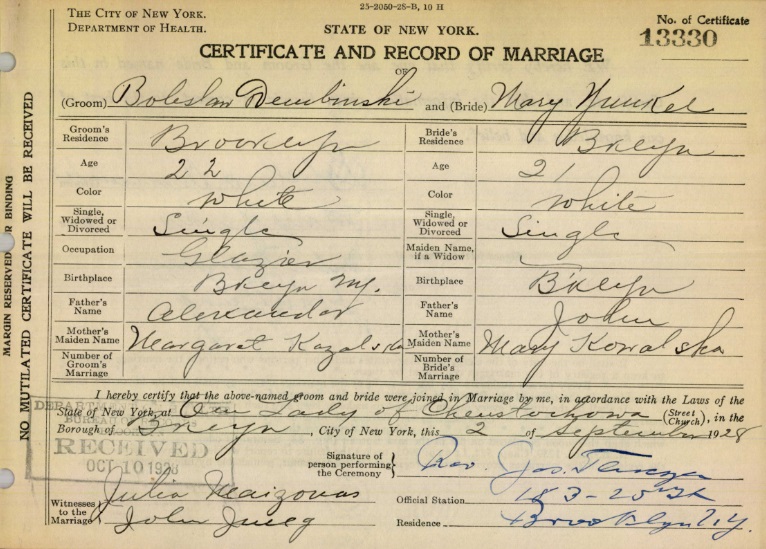 Boleslaw Dembinski and Marie Younker Marriage Certificate
