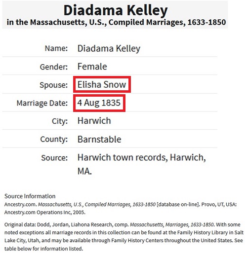 Elisha Snow and Diadama Kelley Marriage