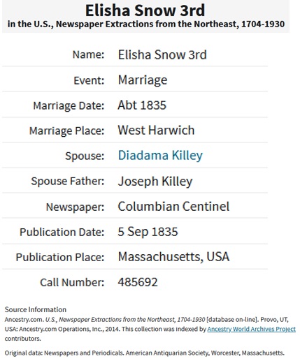 Elisha Snow and Diadama Kelley Marriage