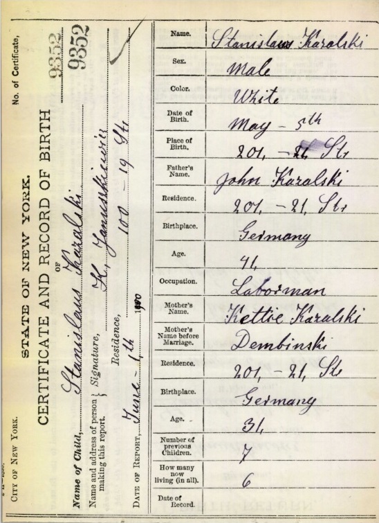 Stanislaw Kazalski Birth Certificate