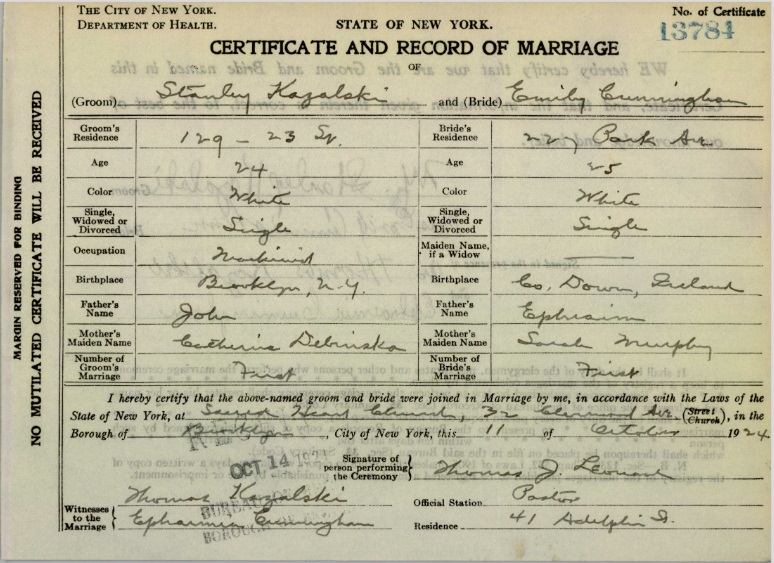 Stanley Kazalski and Emily Cunningham Marriage Certificate