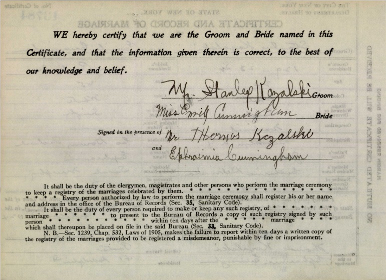Stanley Kazalski and Emily Cunningham Marriage Certificate