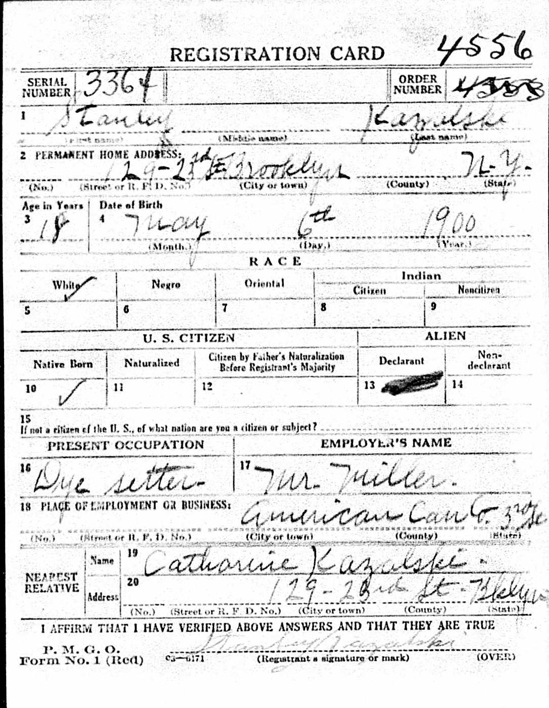 Stanley Kazalski World War I Draft Registration