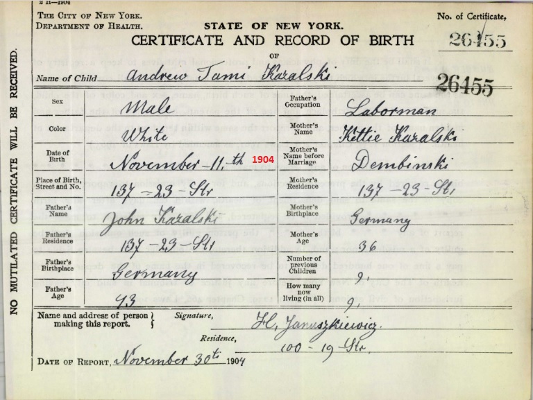>Thomas Andrew Kazalski Birth Certificate