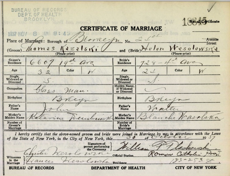 >Thomas Kazalski and Helen Wesolowski Marriage Certificate