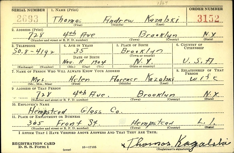 >Thomas Kazalski World War II Draft Registration