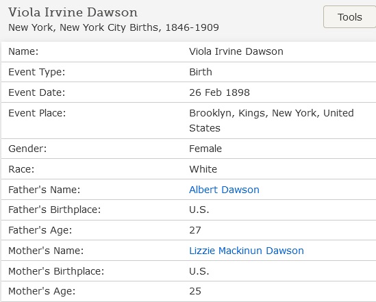 Viola Dawson Birth Record