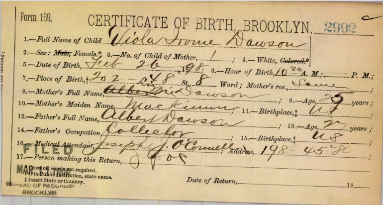 Viola Dawson Birth Certificate