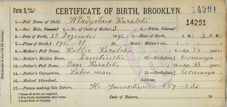 Walter Eugene Kazalski Birth Certificate