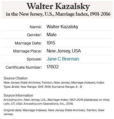 Walter Kazalski and Jane Brennan Marriage Index