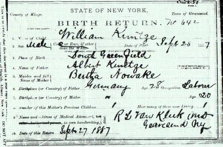 William Kuntze's Birth Certificate
