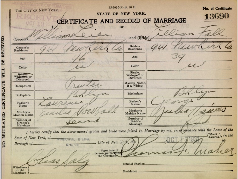 Certificate of Marriage for William Leier and Lillian Fall