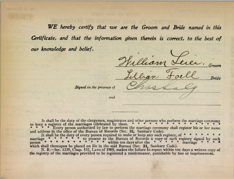 Certificate of Marriage for William Leier and Lillian Fall