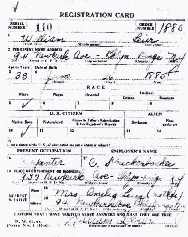 William Leier's World War I Draft Registration Card