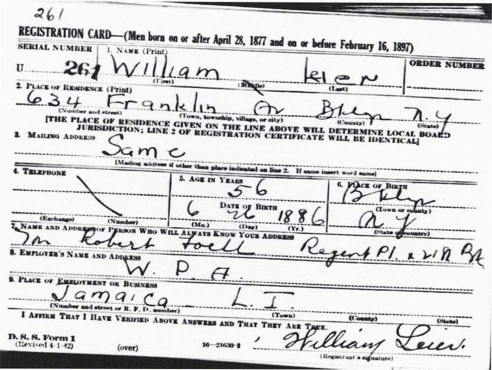 William Leier's World War II Draft Registration Card