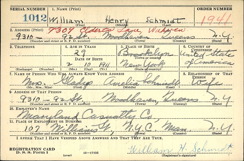 William H. Schmidt's WW2 Draft Registration
