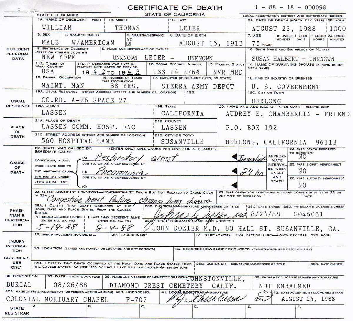 William Thomas Leier's Certificate of Death
