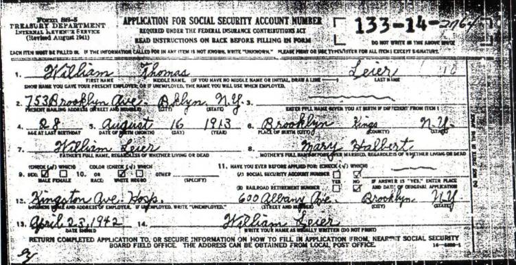 William Thomas Leier's Application for Social Security Number