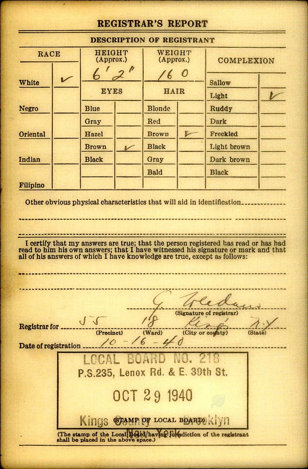 William Thomas Leier's WW2 Draft Registration