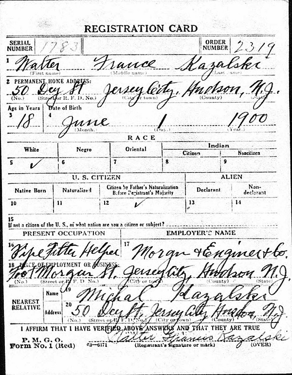Walter Kazalski's World War I Draft Registration Card