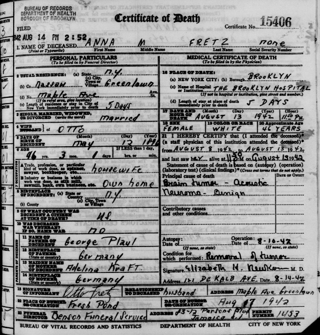 Anna Plaul Fretz Death Certificate