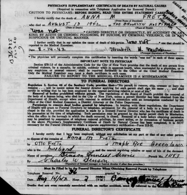 Anna Plaul Fretz Death Certificate