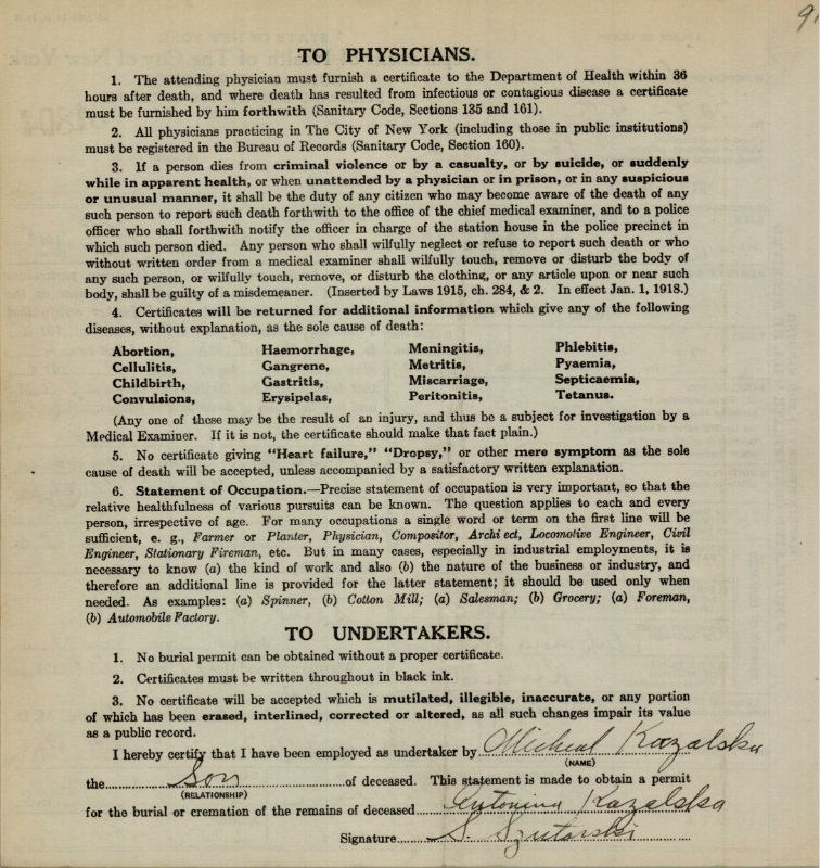 Antonina Cieszinski Kazalski's Certificate of Death