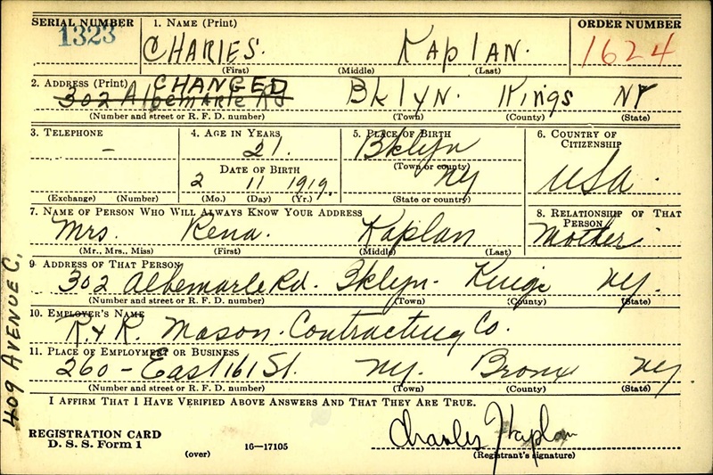 Charles Kaplan World War II Draft Registration