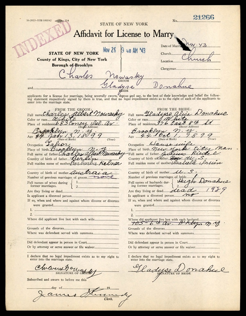 Charles Nowasky III and Gladys Riedel Donahue Marriage