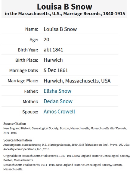 Amos Crowell and Louise B. Snow Marriage Record