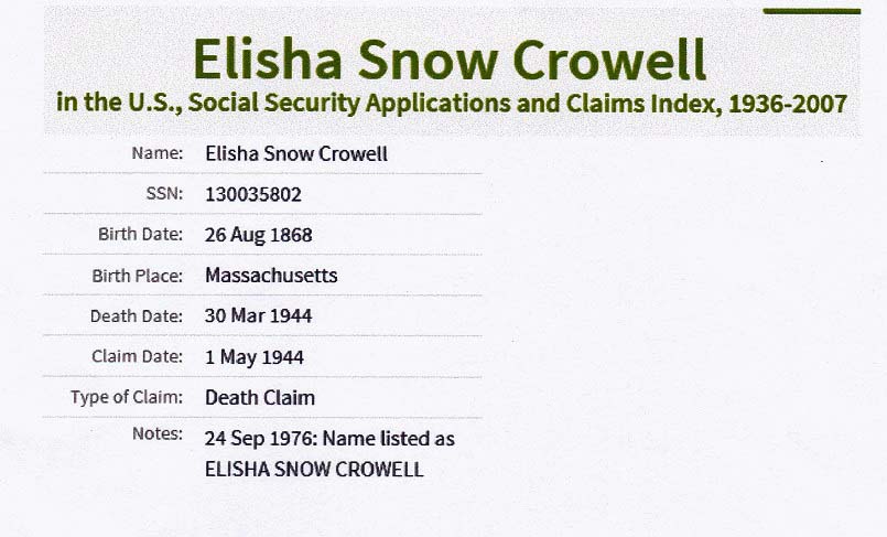 Elisha Snow Crowell SSDI