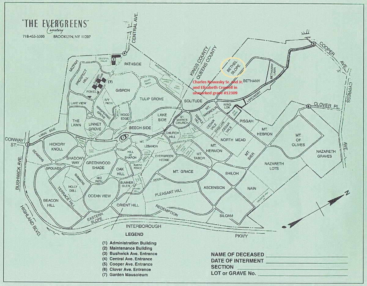 The Evergreens Cemetery Grave of Charles Nowasky Sr. and Jr. and Elizabeth Marie Crowell