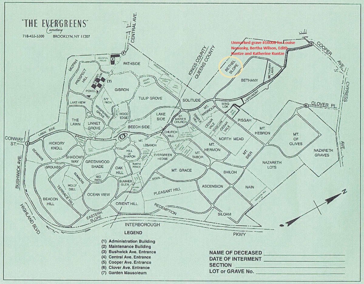The Evergreens Cemetery Grave of Louise Nowasky, Bertha Kuntze, Edith Kuntze and Katherine Kuntze