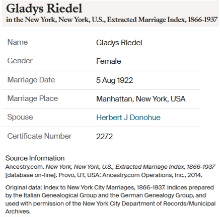 Gladys Riedel and Hugh Donahue Marriage