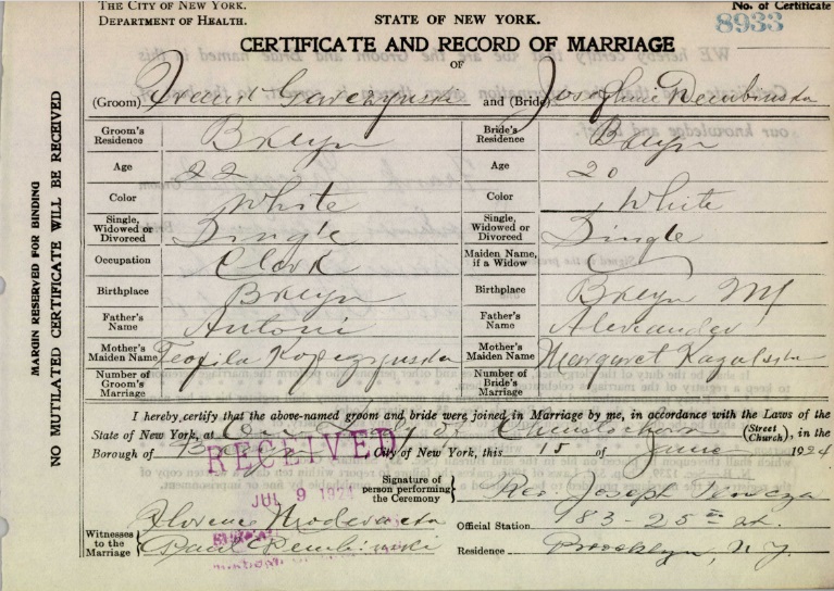 Josephine Dembinski and Frank Garczynski Marriage Certificate