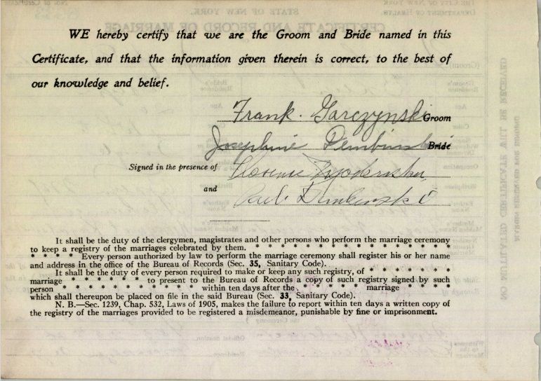 Josephine Dembinski and Frank Garczynski Marriage Certificate