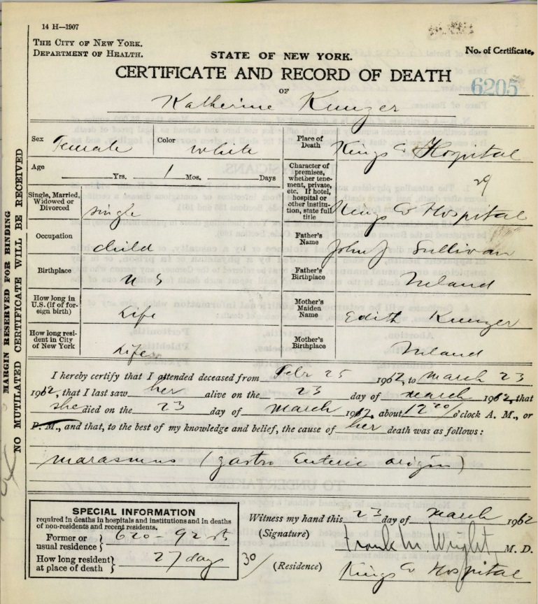 Katherine Kuntze's Death Certificate