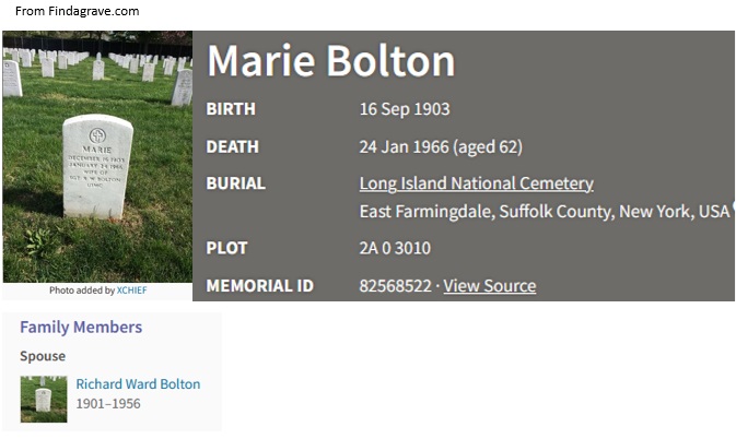 The Grave of Marie Bolton at Long Island National Cemetery