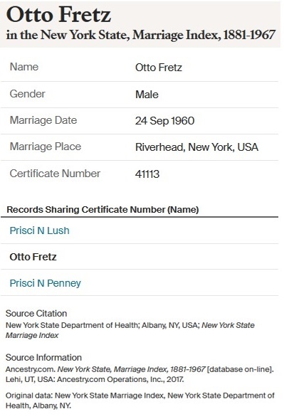 Marriage Record for Otto Fretz and Priscilla Penney