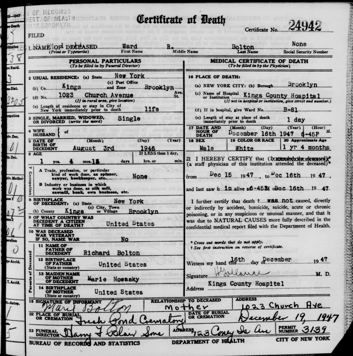 Ward R. Bolton Death Certificate