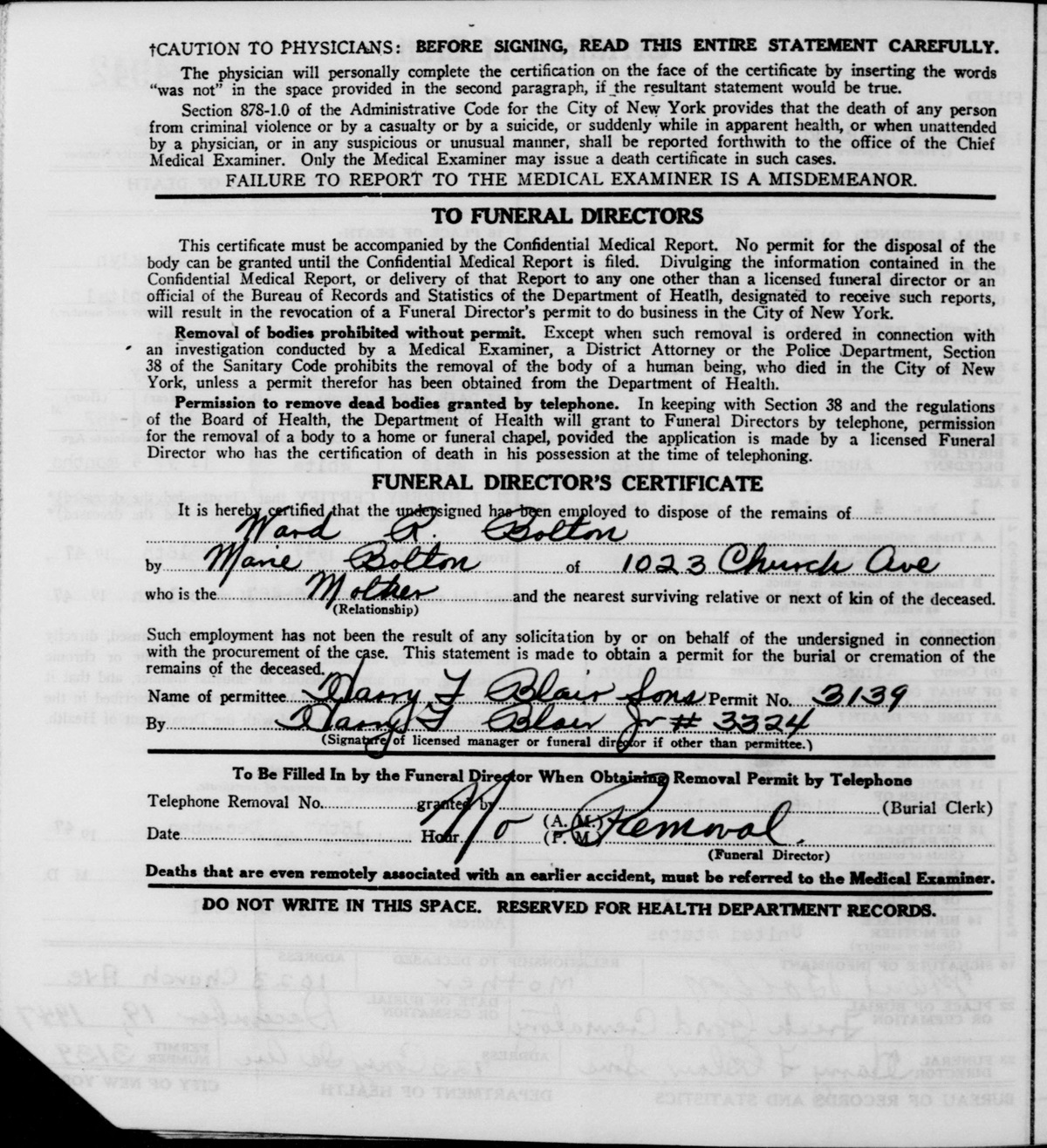 Ward R. Bolton Death Certificate